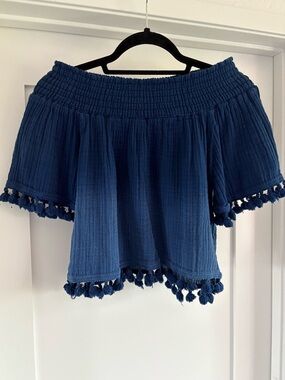 Michael Stars Navy Blue Off-Shoulder Smocked Tassel Hem Crop Top Size Medium